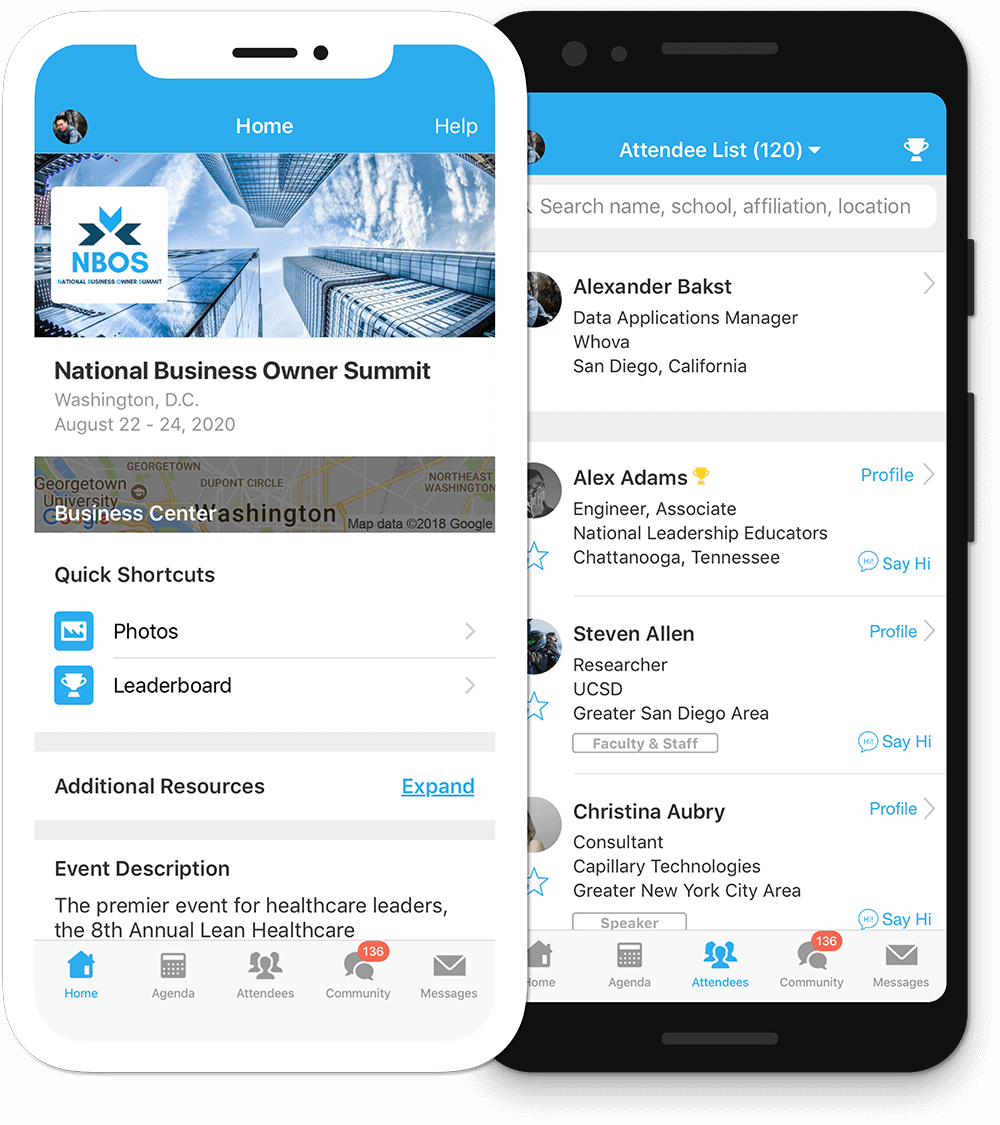 Whova conference app home and attendee list phone screenshots.