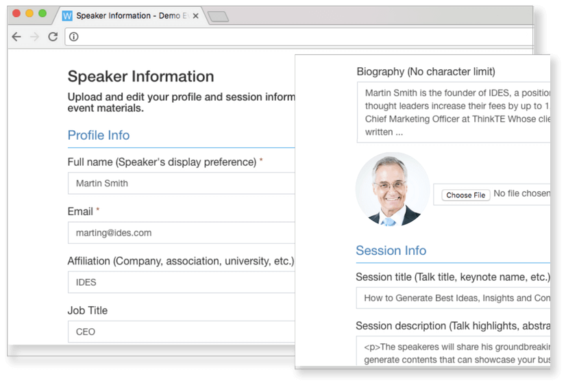 Whova's Speaker Center automates the speaker information collection process