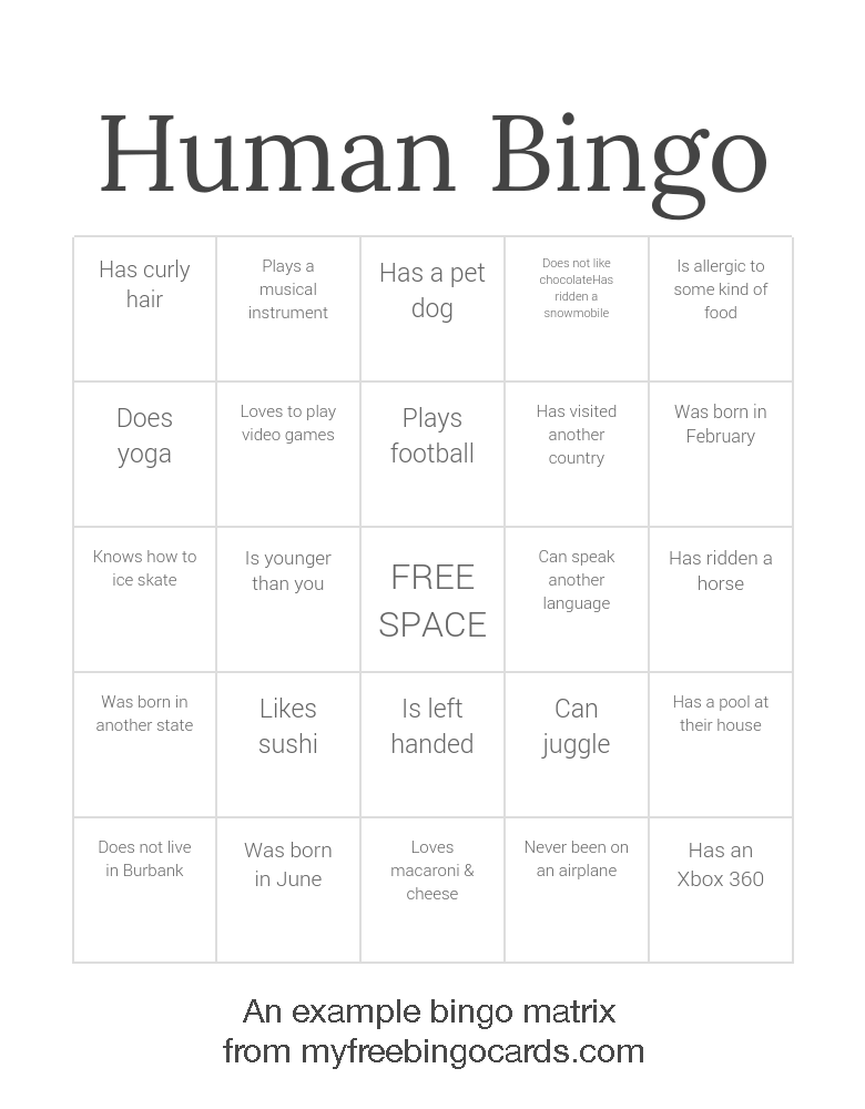 example human bingo matrix