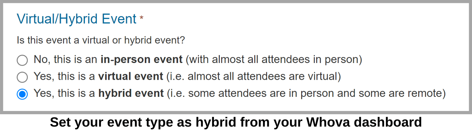 Set your event type as hybrid from your Whova settings.