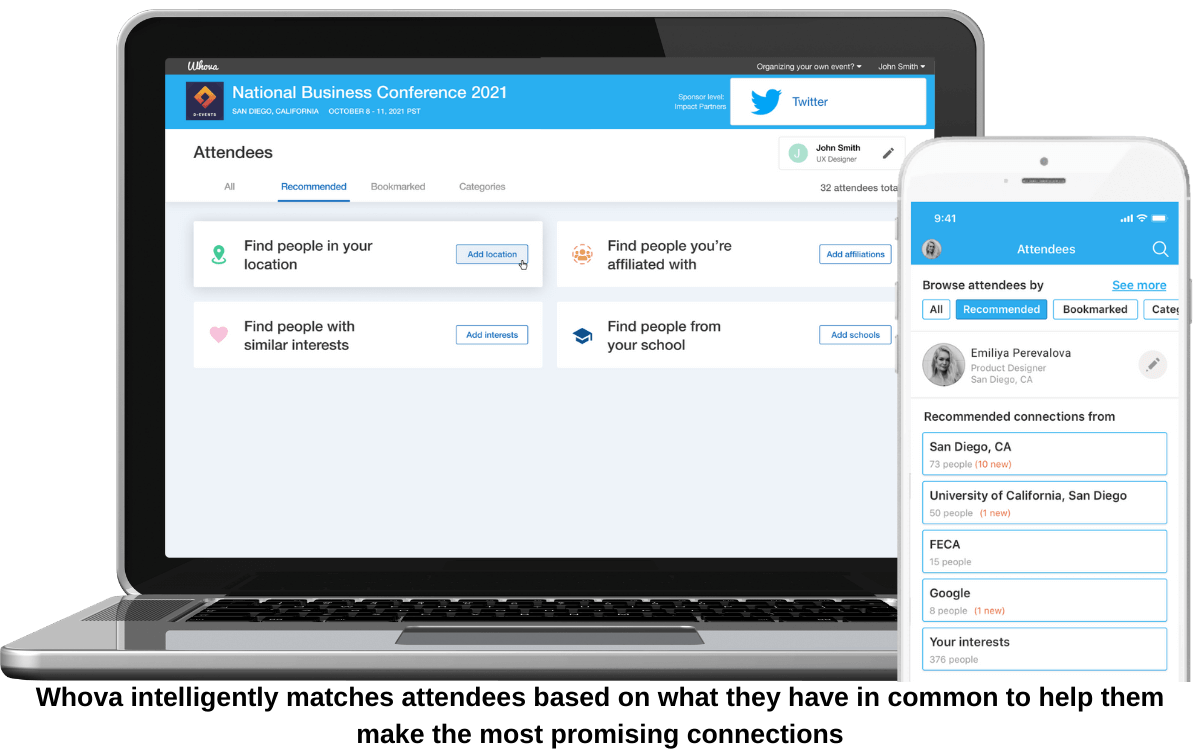 Whova's event matchmaking feature intelligently matches attendees based on what they have in common to help them make the most promising connections