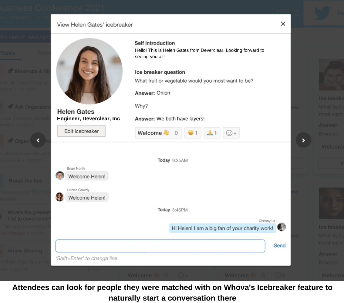 Attendees can look for people they were matched with through the event matchmaking software on Whova's Icebreaker feature