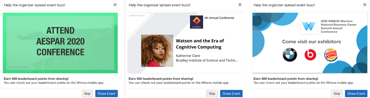 Prompt attendees, exhibitors, speakers, and sponsors to share the event with different posts and automatically generated images