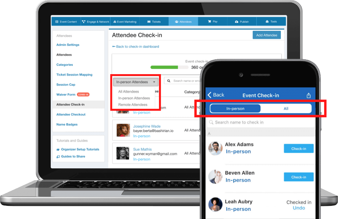 Easily filter the attendee list to show only in-person attendees at check-in