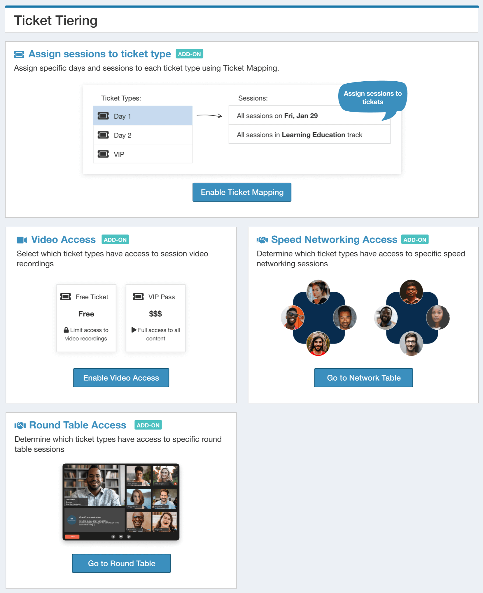 Whova’s centralized ticket tiering makes it simple to manage attendees’ access to different content