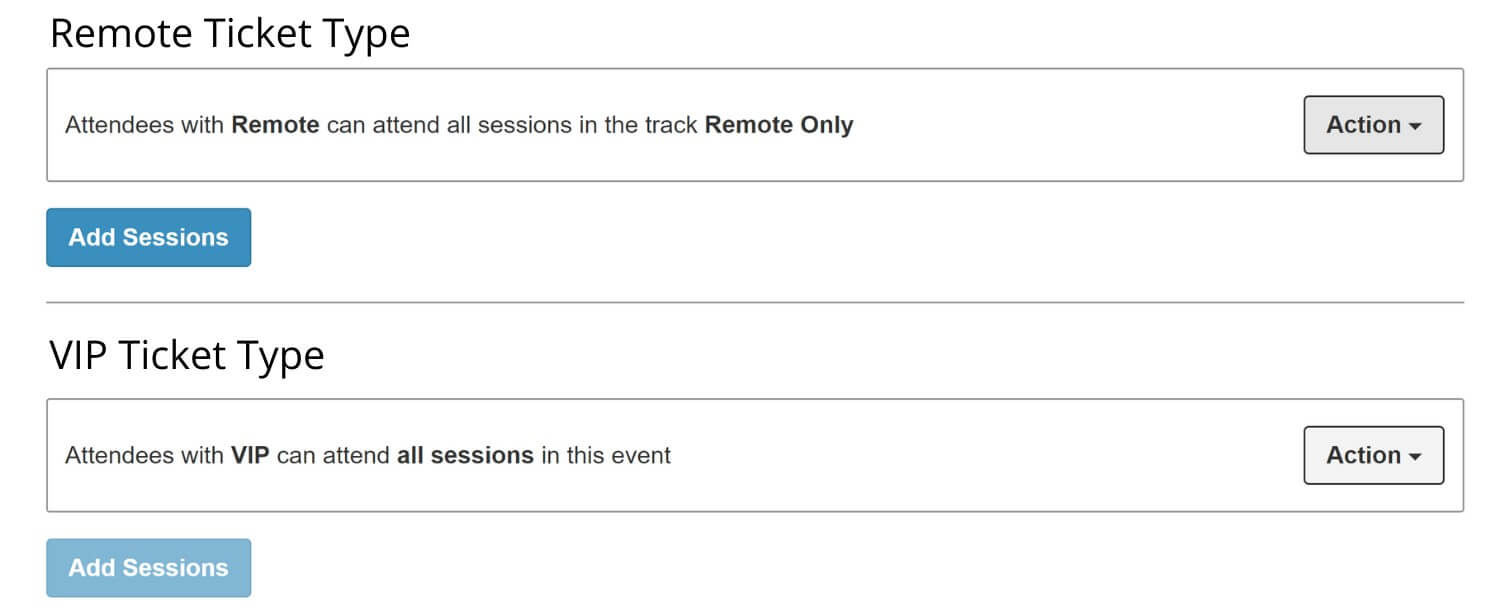 Map certain ticket types to different sessions, speed networking sessions, and round tables