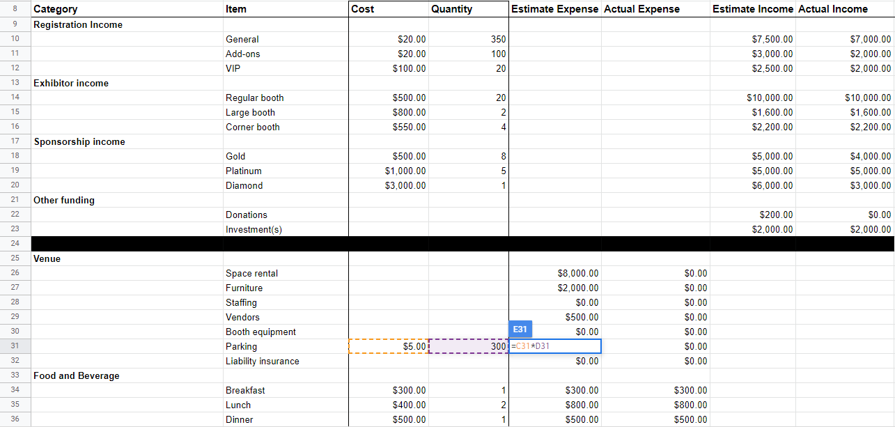 event budget template google sheets