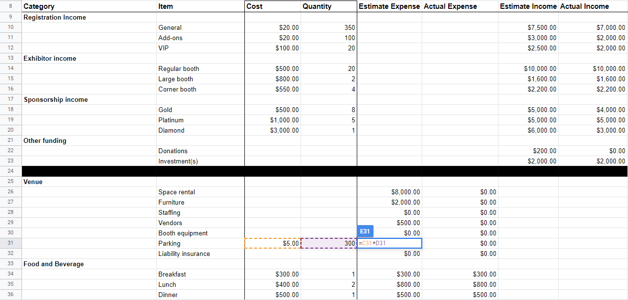 excel event budget template