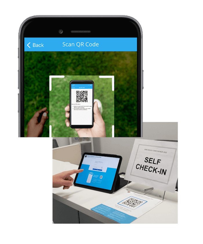 QR code scanning check-in through Whova app