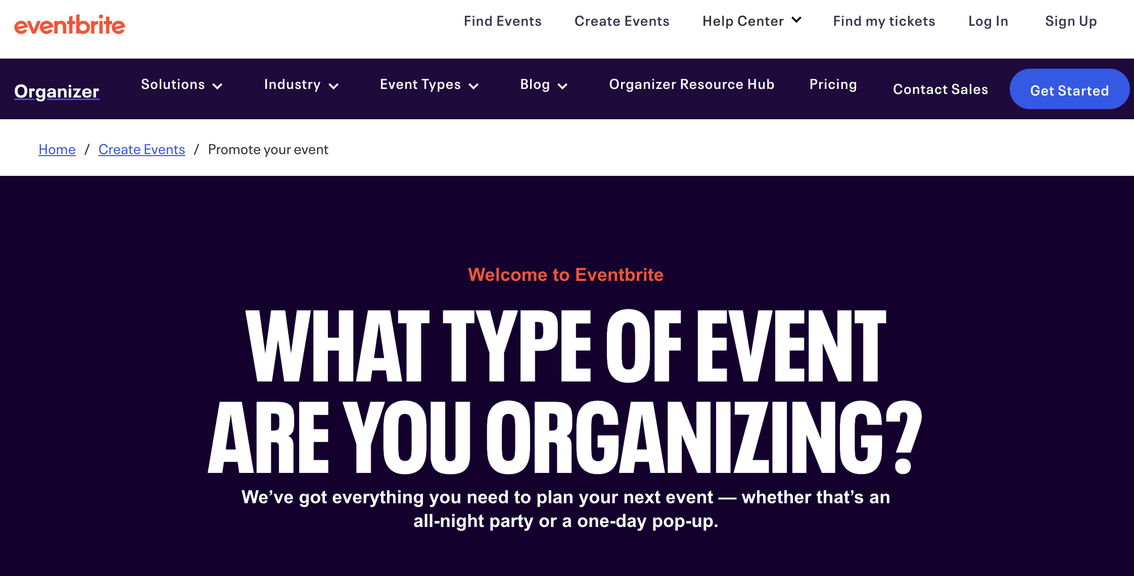 Eventbrite's homepage