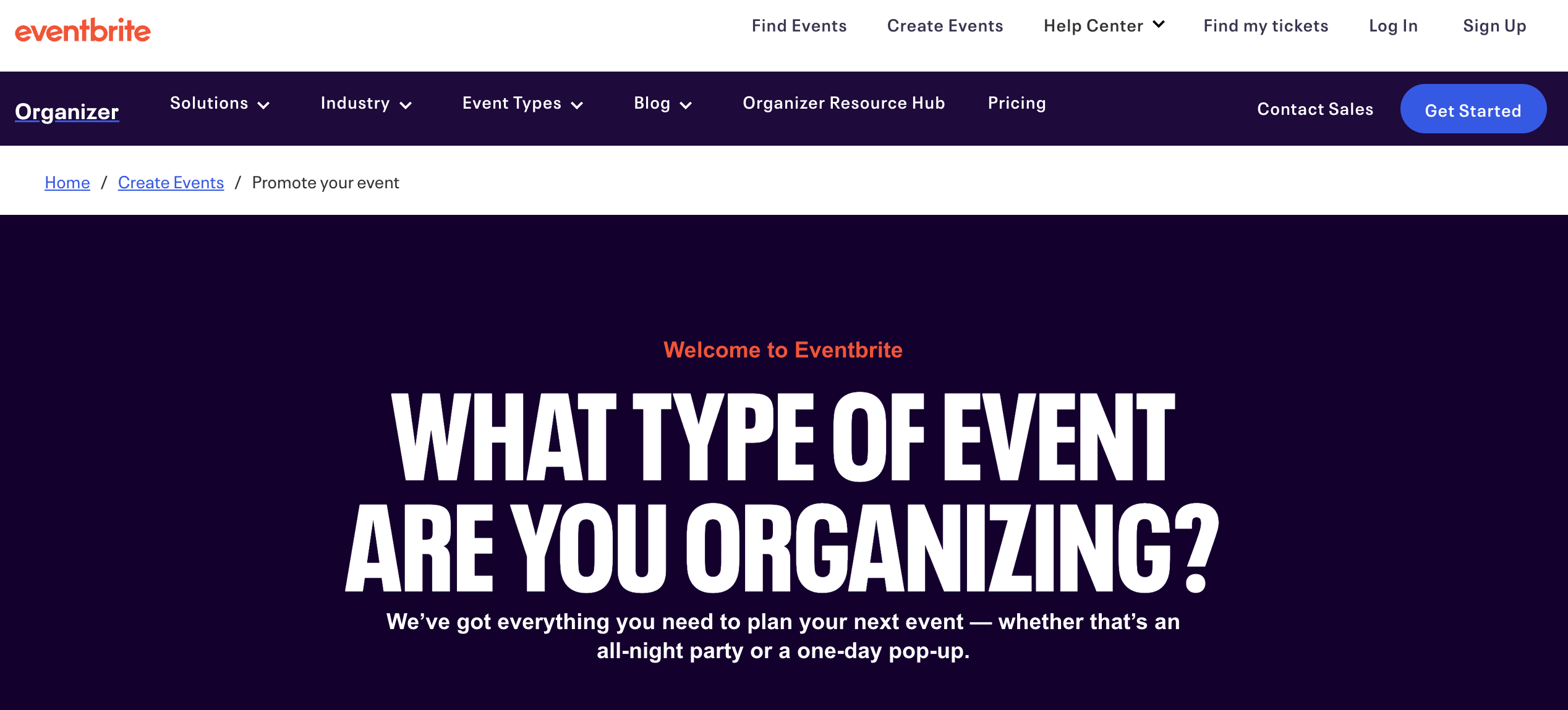 Eventbrite's website homepage