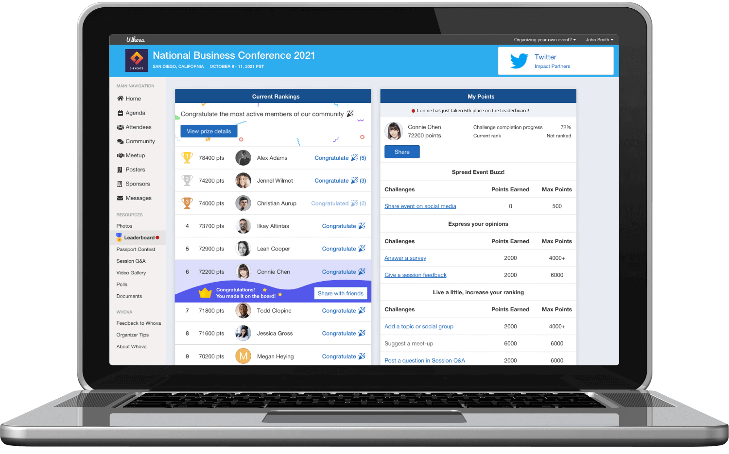 Whova Webapp leaderboard gamification