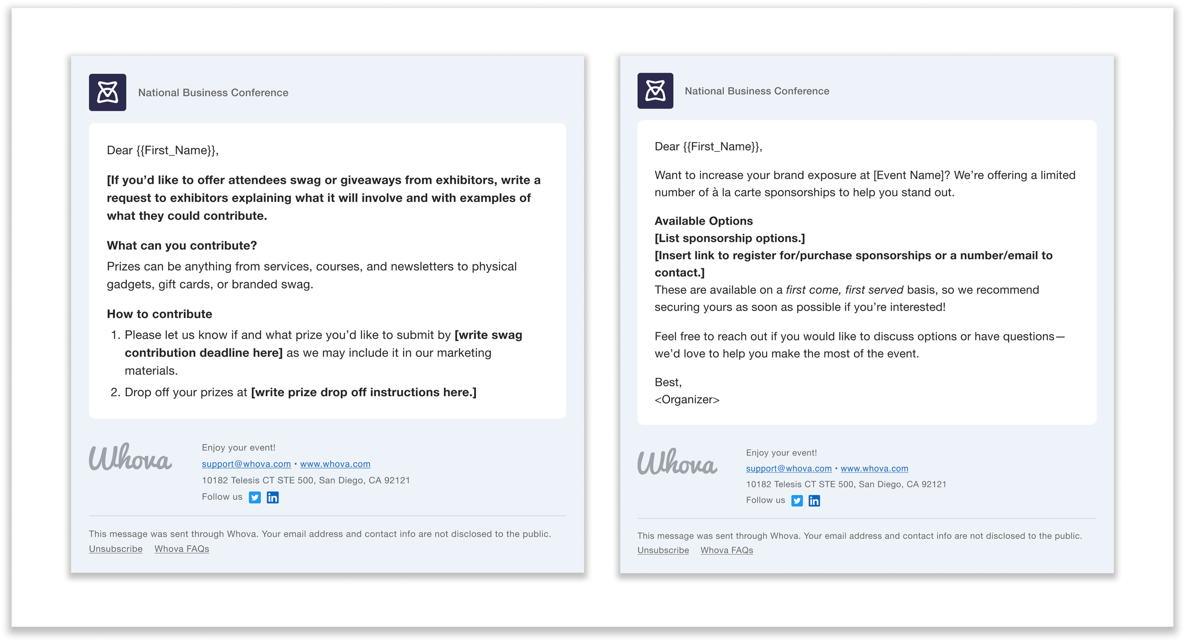 Template for requesting that exhibitors bring prizes for attendees, and template for offering sponsorship opportunities.