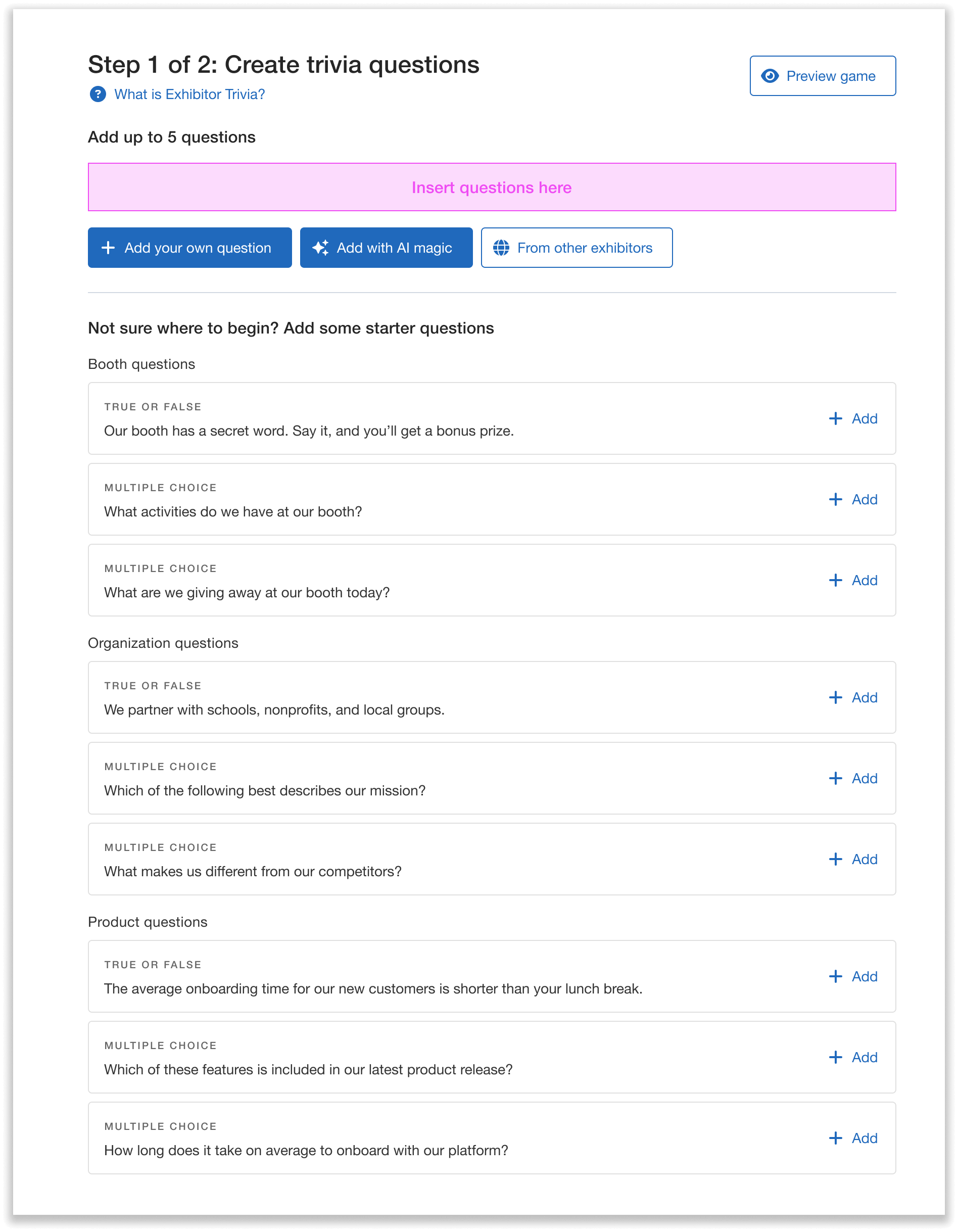 Question builder with starter suggestions and custom options.