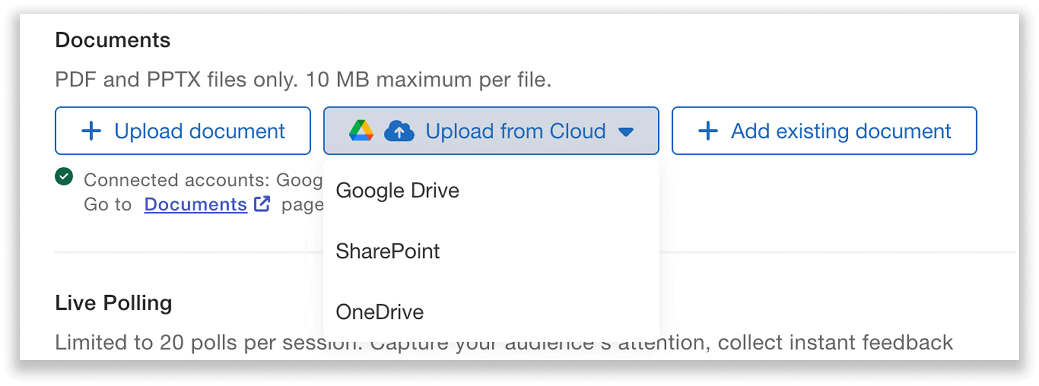 Dropdown menu to upload from cloud with Google Drive, SharePoint, and OneDrive.