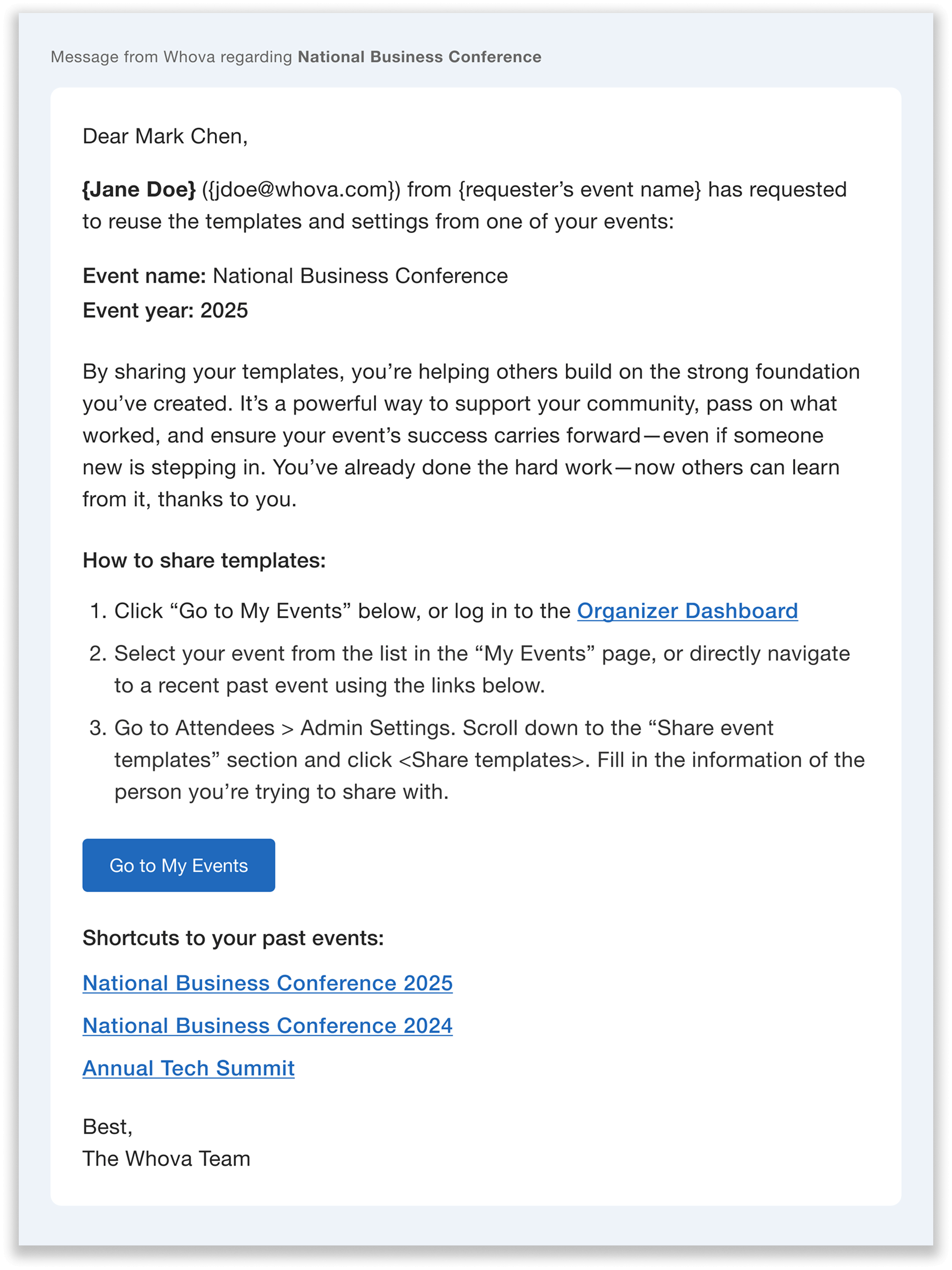 Email requesting templates and settings from an event.