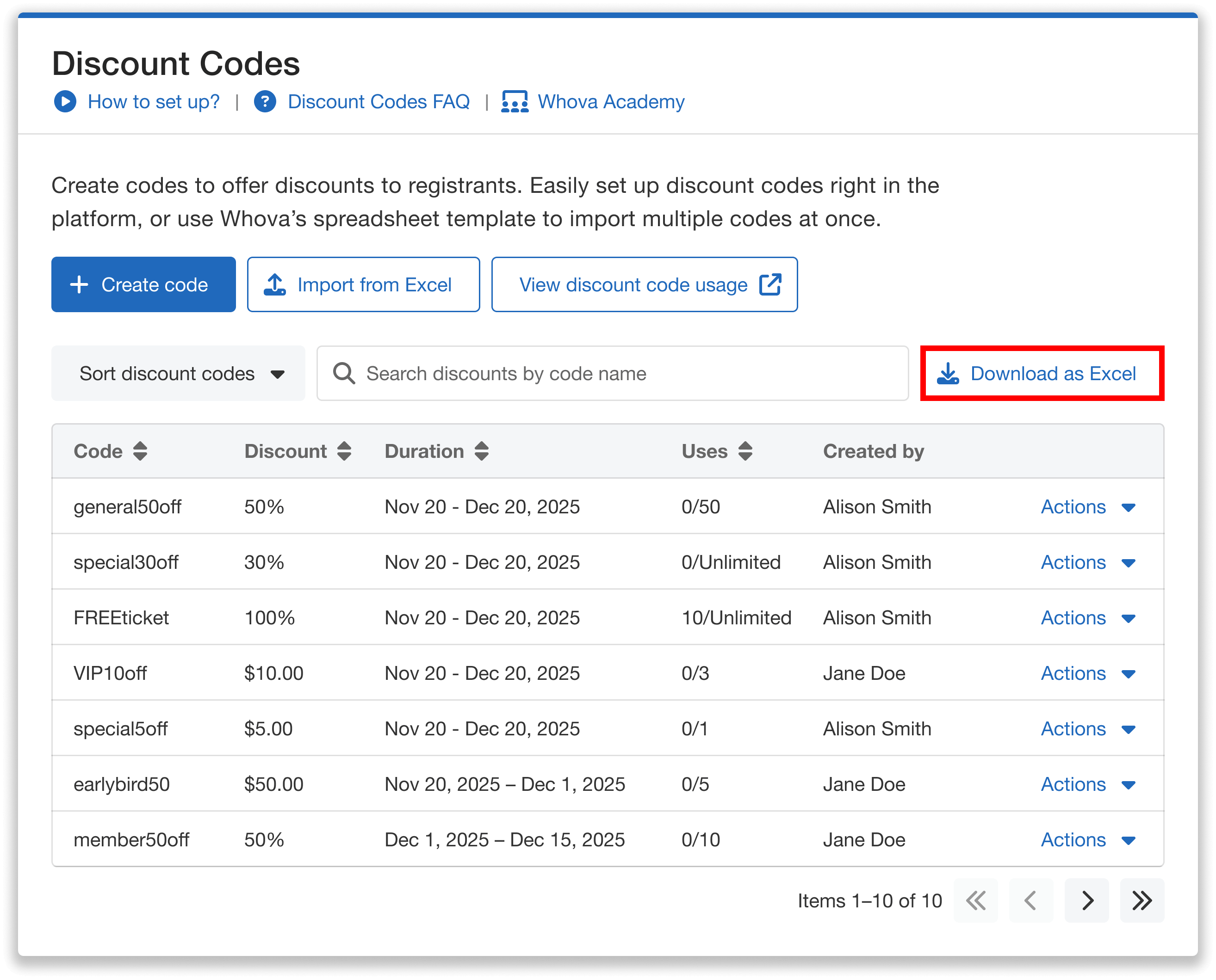 Discount codes dashboard with option to Download as Excel.