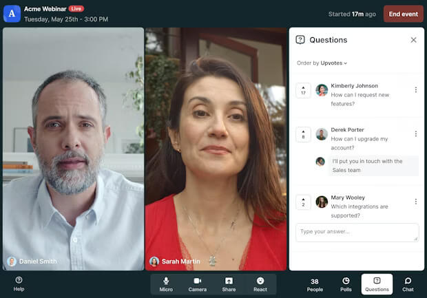 Livestorm virtual meeting with live questions