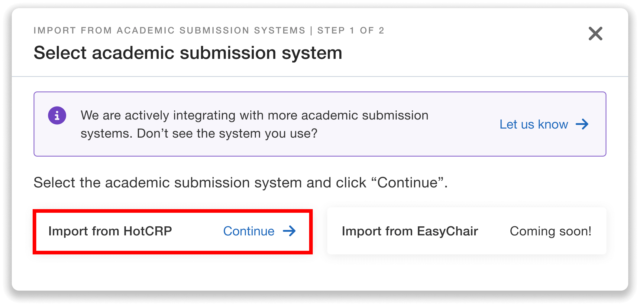 Page to select academic submission system with HotCRP option.