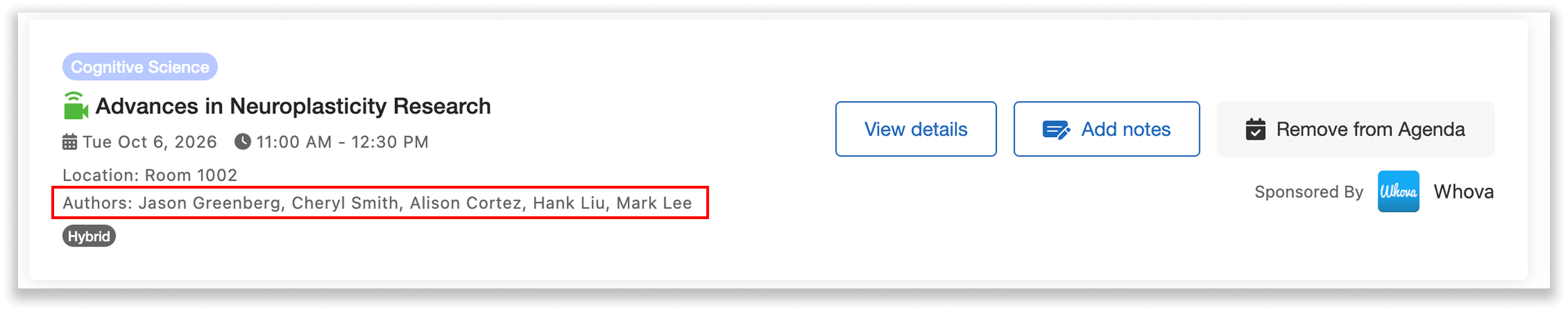 Session with authors listed under it on Whova's web app.