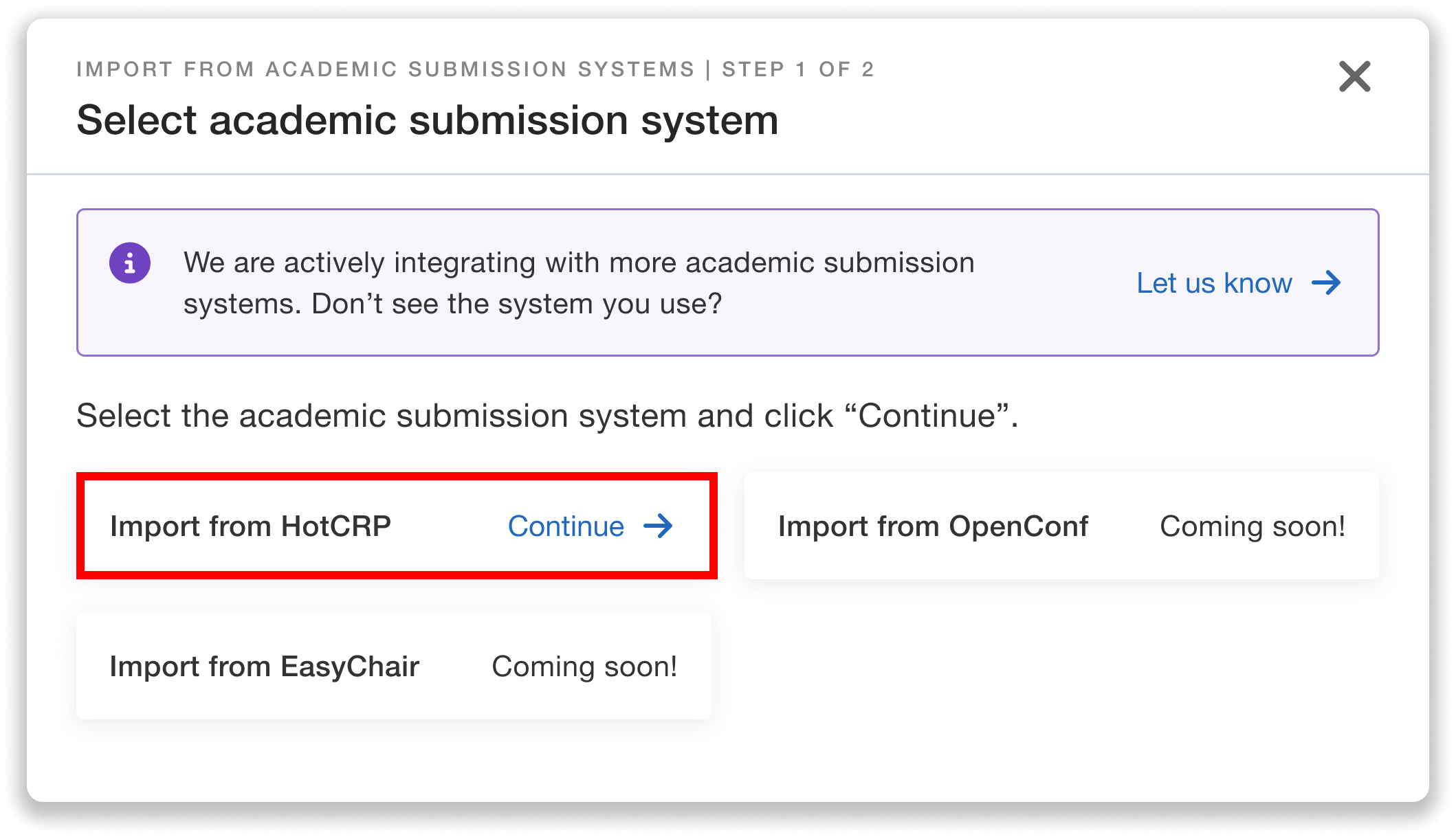 Page to select academic submission system with HotCRP option.