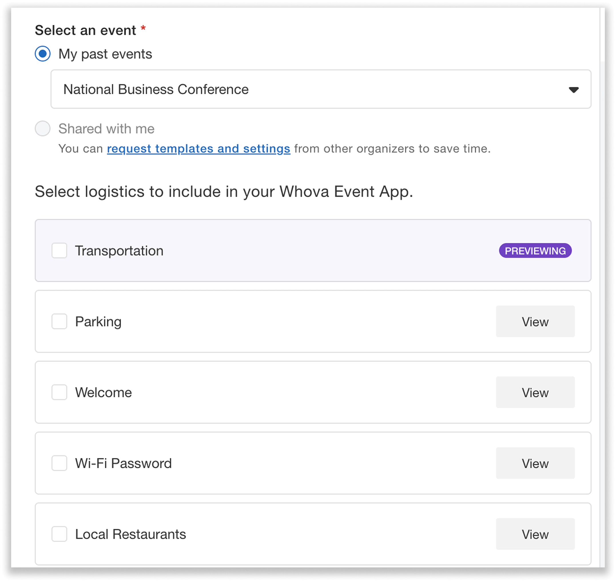 Selection page for event and logistics to reuse.