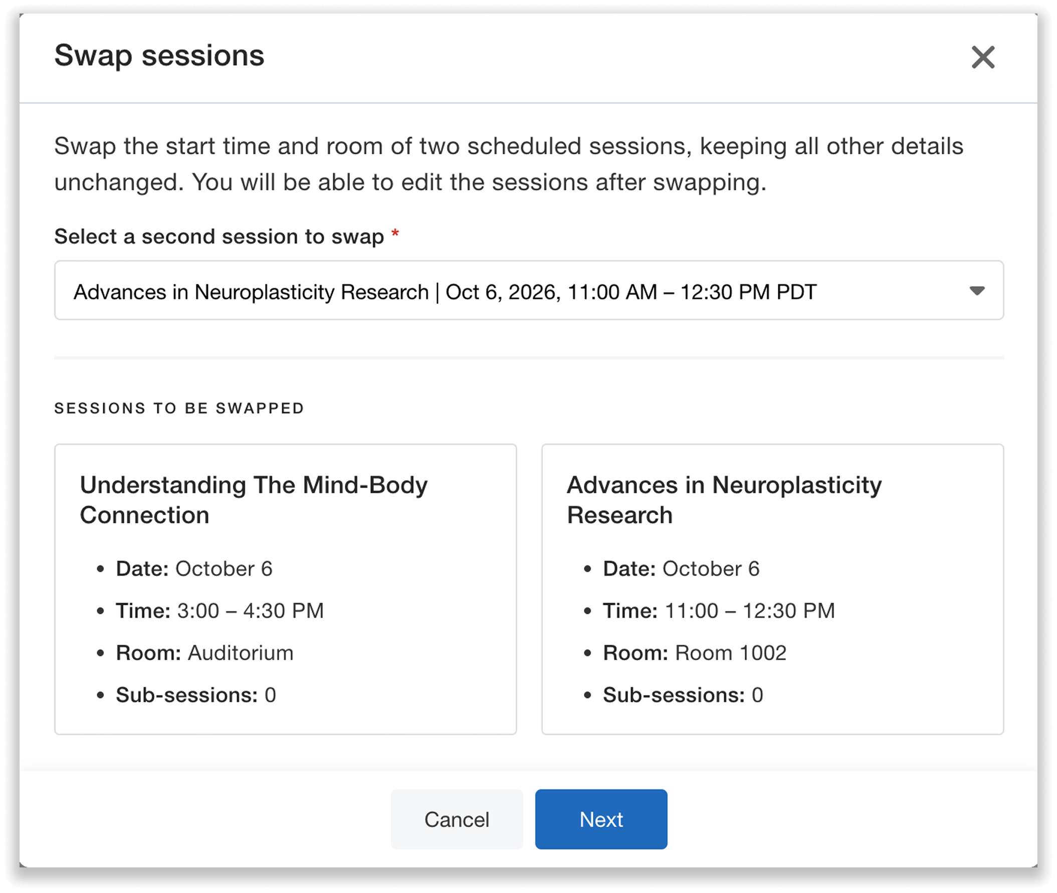 Preview details before swapping sessions.
