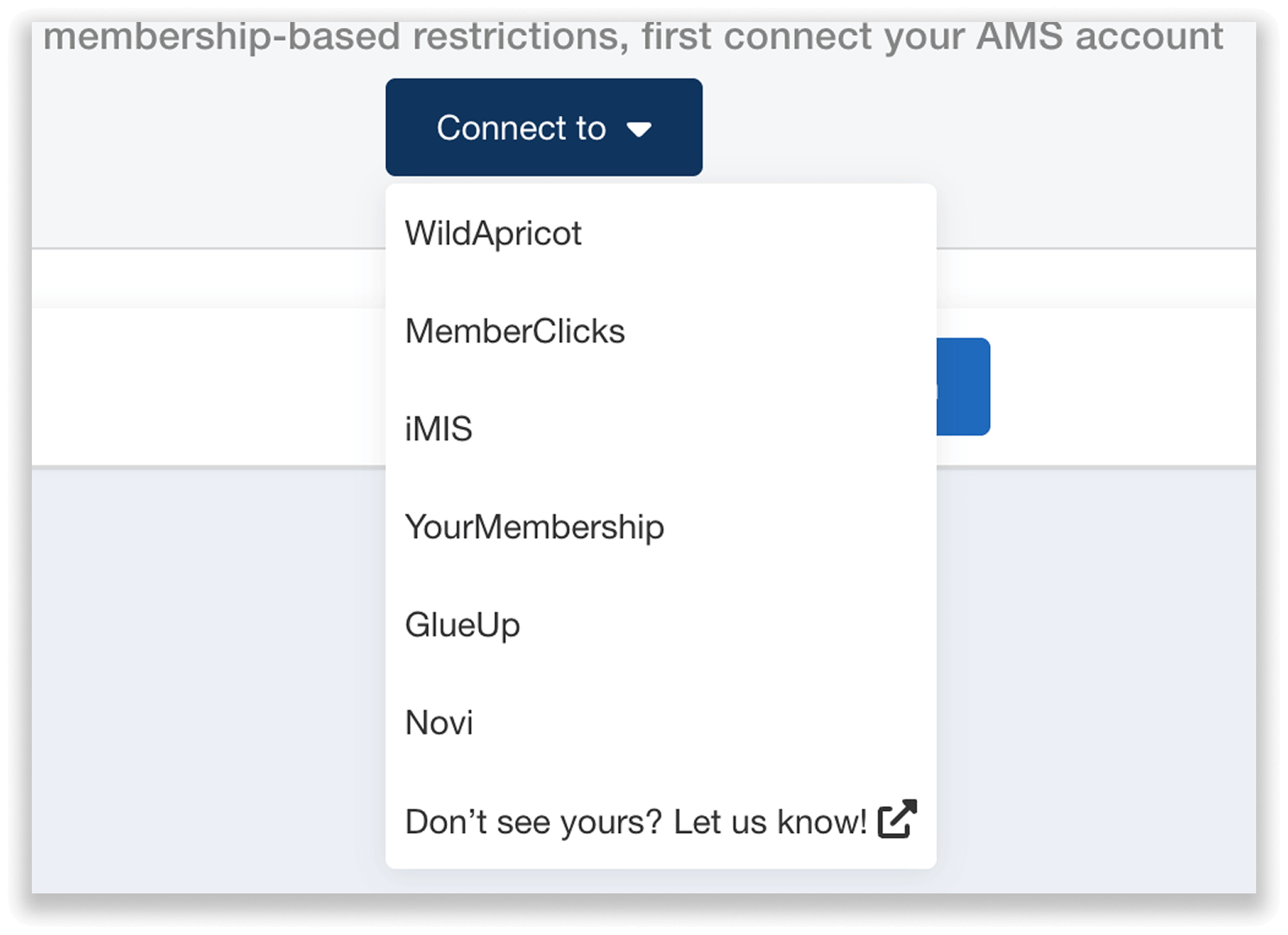 Dropdown of AMS platform options to connect with.