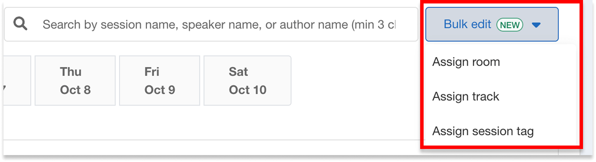 Bulk edit dropdown with options to assign a room, track, or tag.