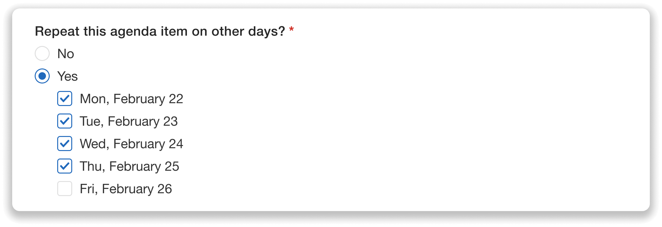 "Repeat this agenda item on other days" checked yes, with specific days selected.