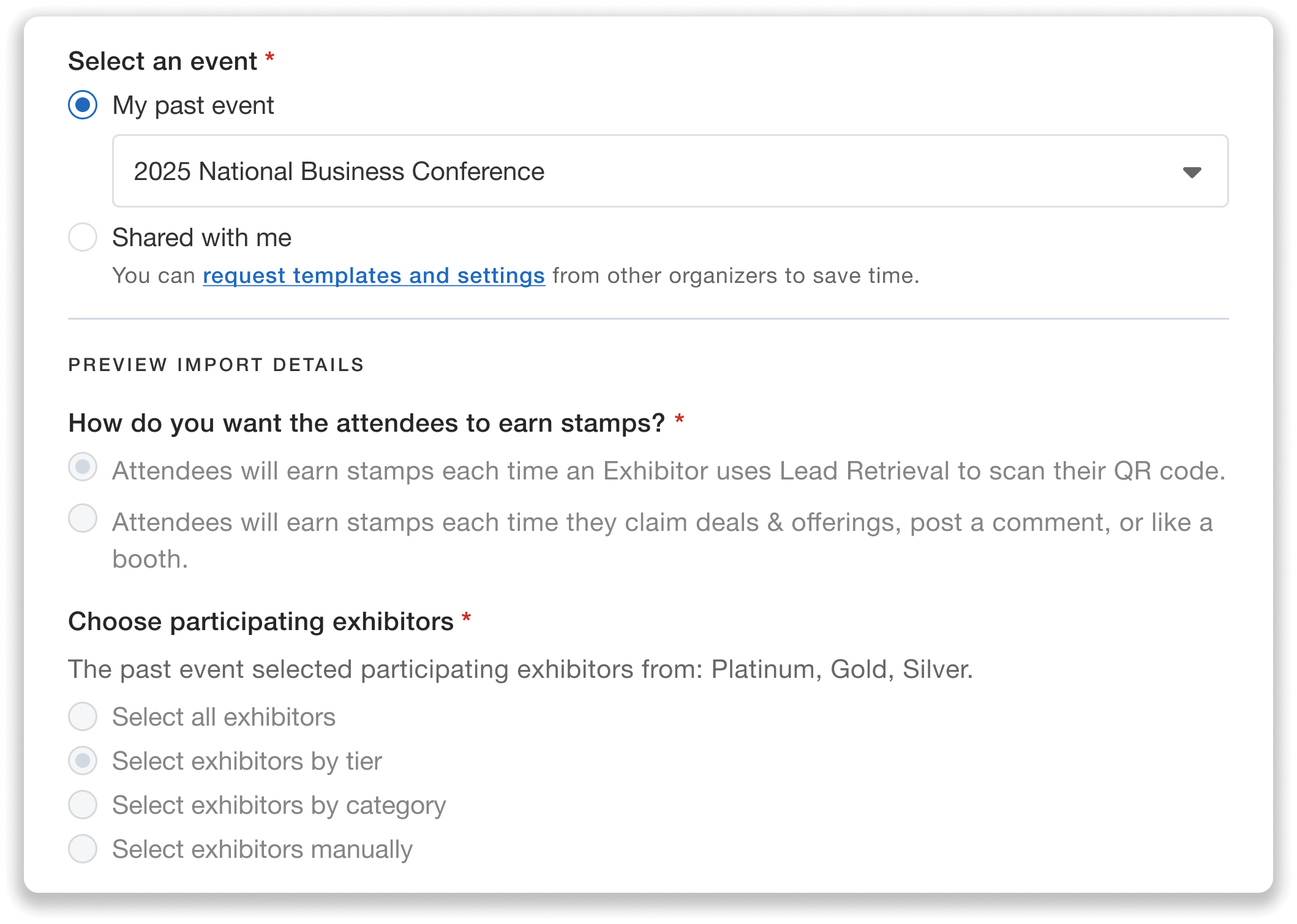 Passport Contest reuse event selection and import details.