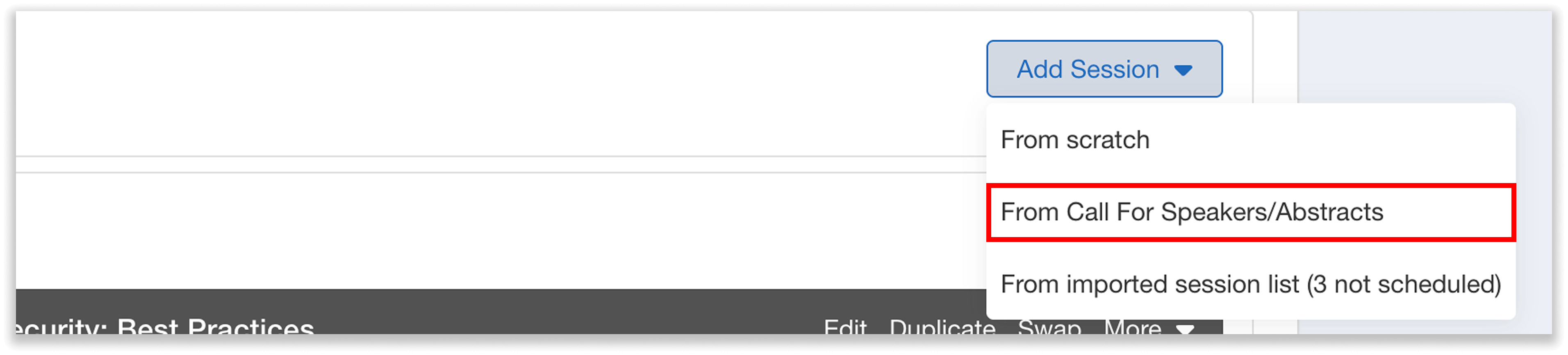Add a session from Call for Speakers/Abstracts.
