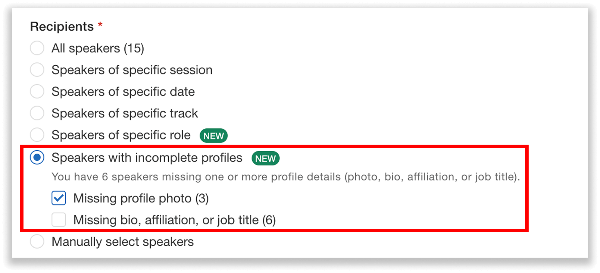 Message speakers with incomplete profiles.