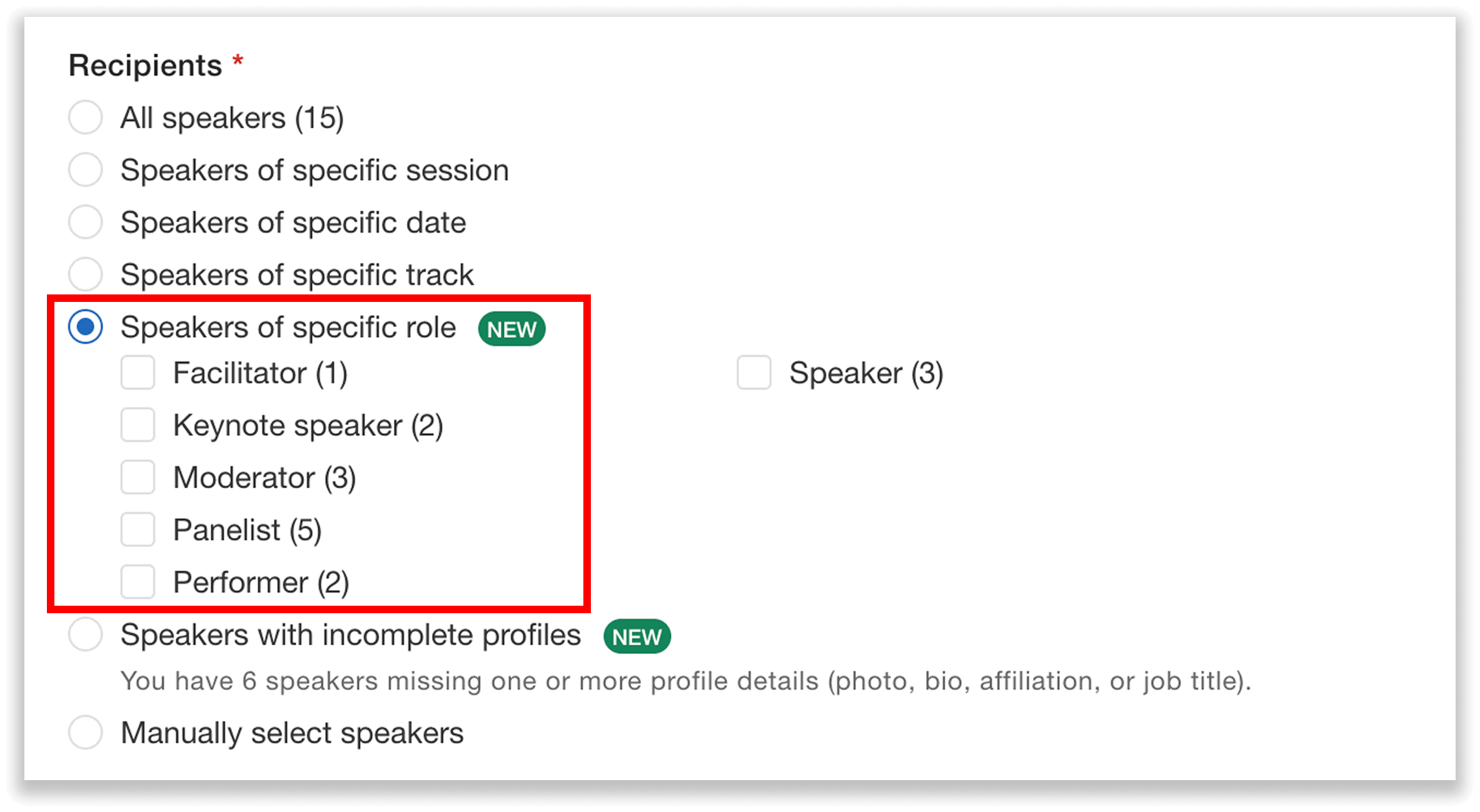 Select which speaker roles to message.