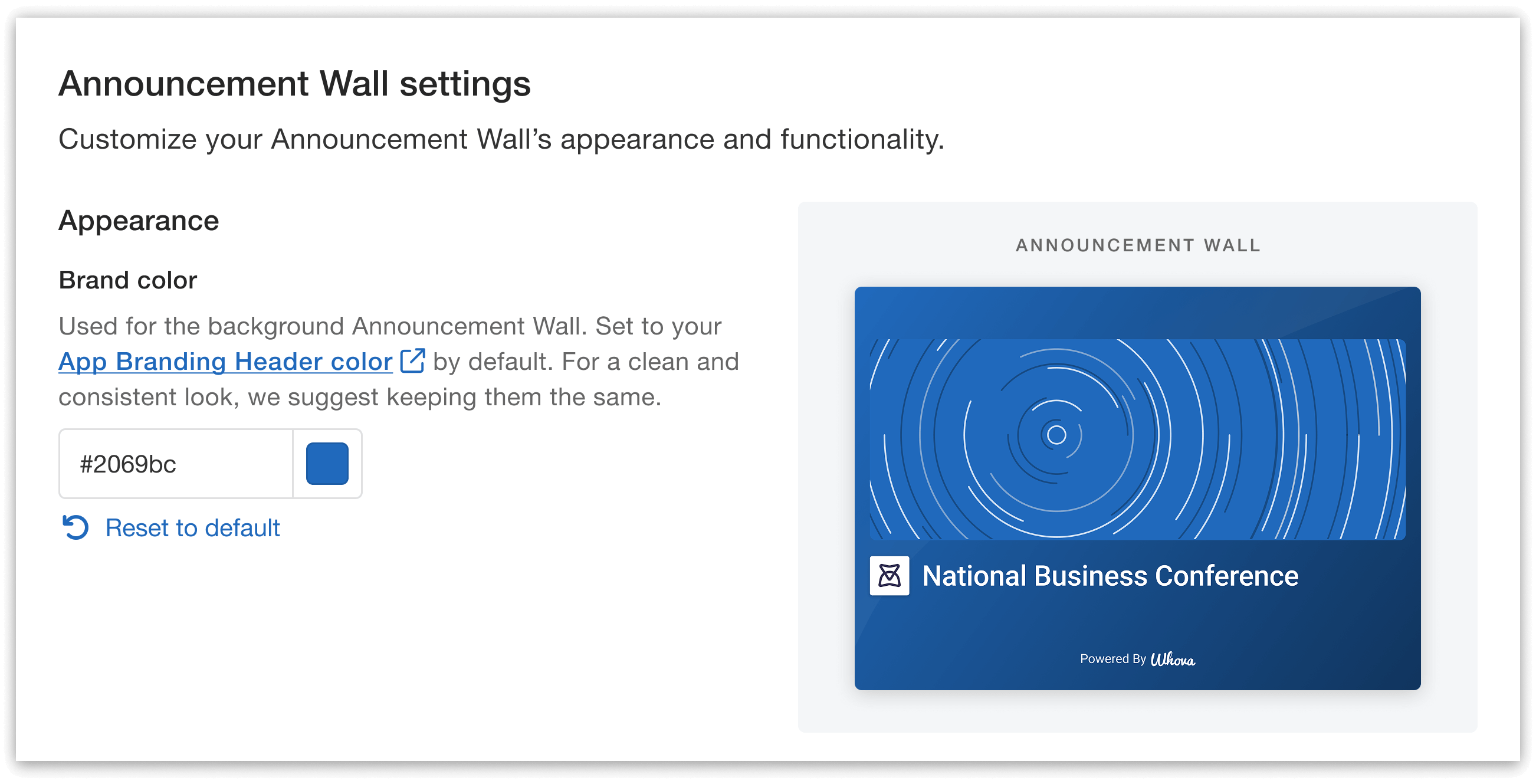 Option to customize brand color for the Announcement Wall slides.