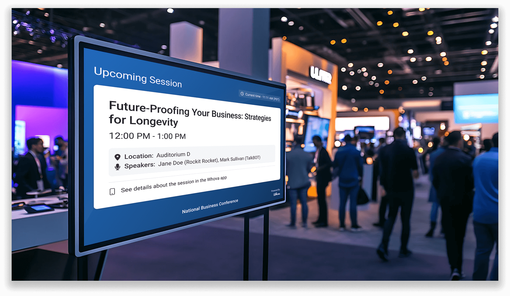 Screen displaying upcoming session at an event.