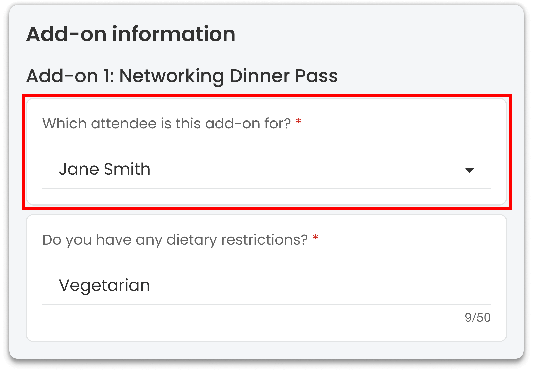 Registration question asking which attendee an add-on is for.