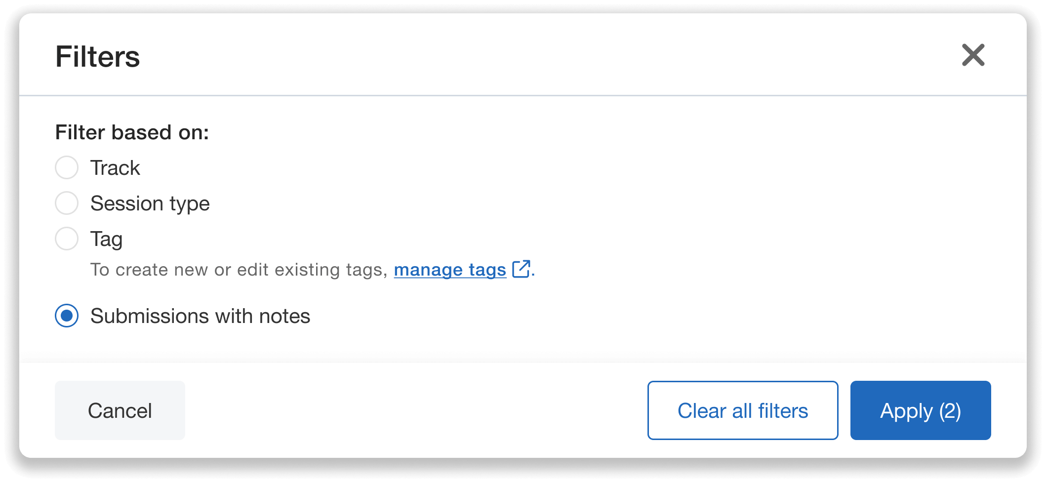 Filtering options for submissions, with "submissions with notes" selected.