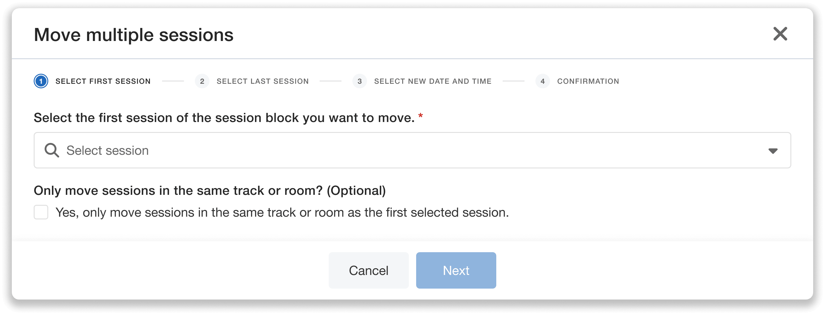 Step to select the first session in a block to move.