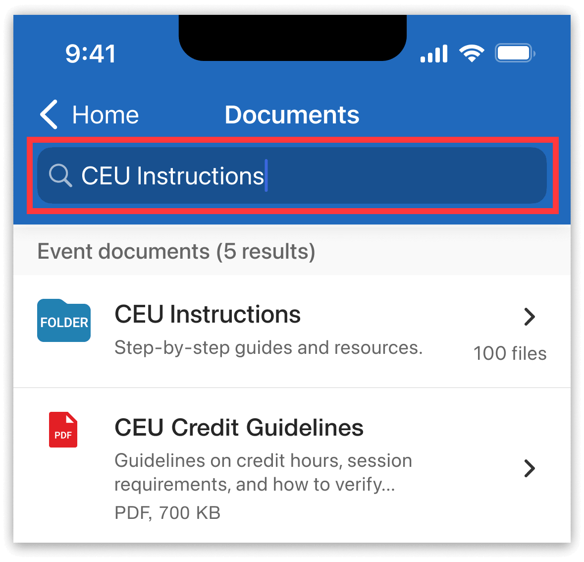 Search bar on the app to search Documents.