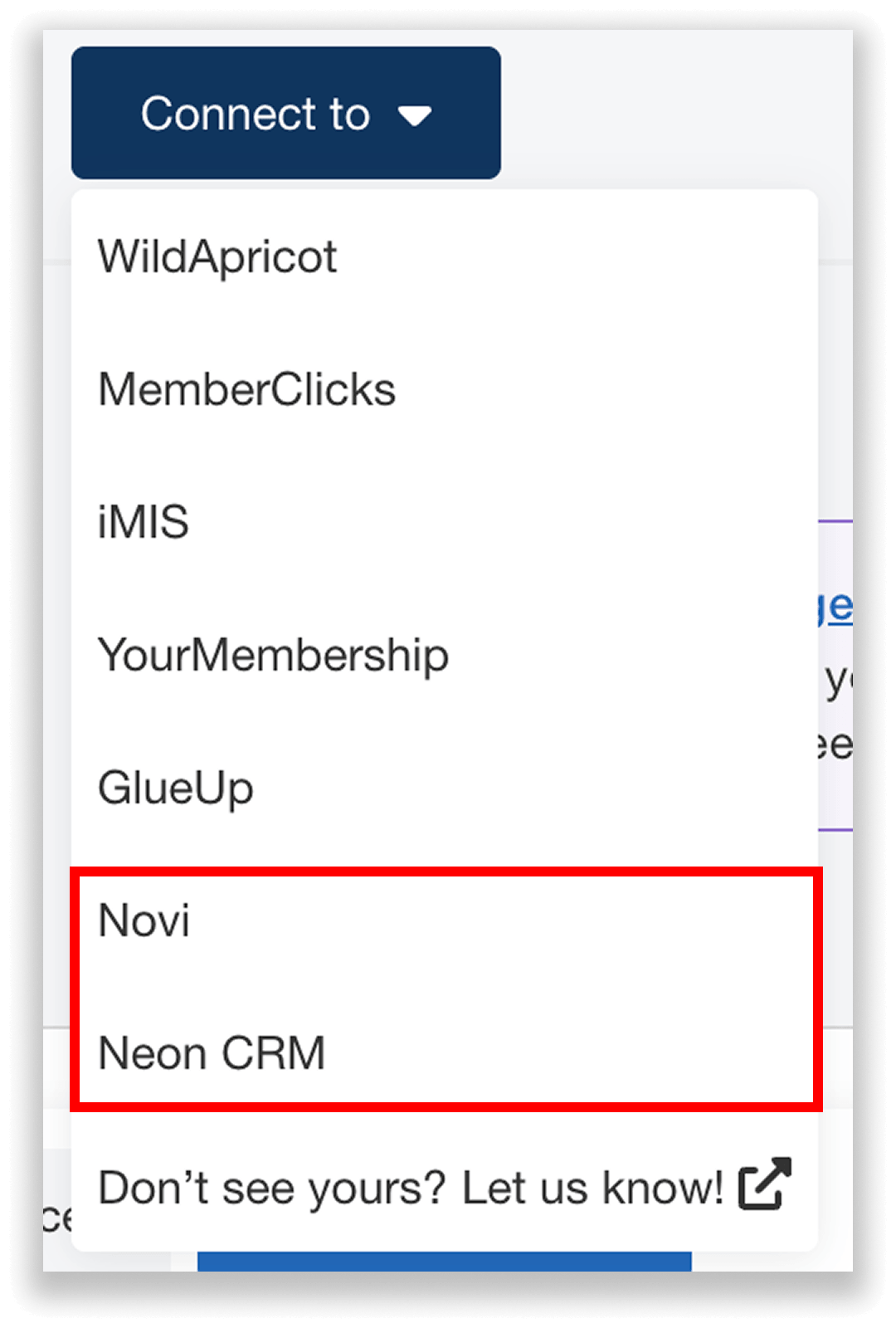 Dropdown of AMSs including Novi and Neon CRM.