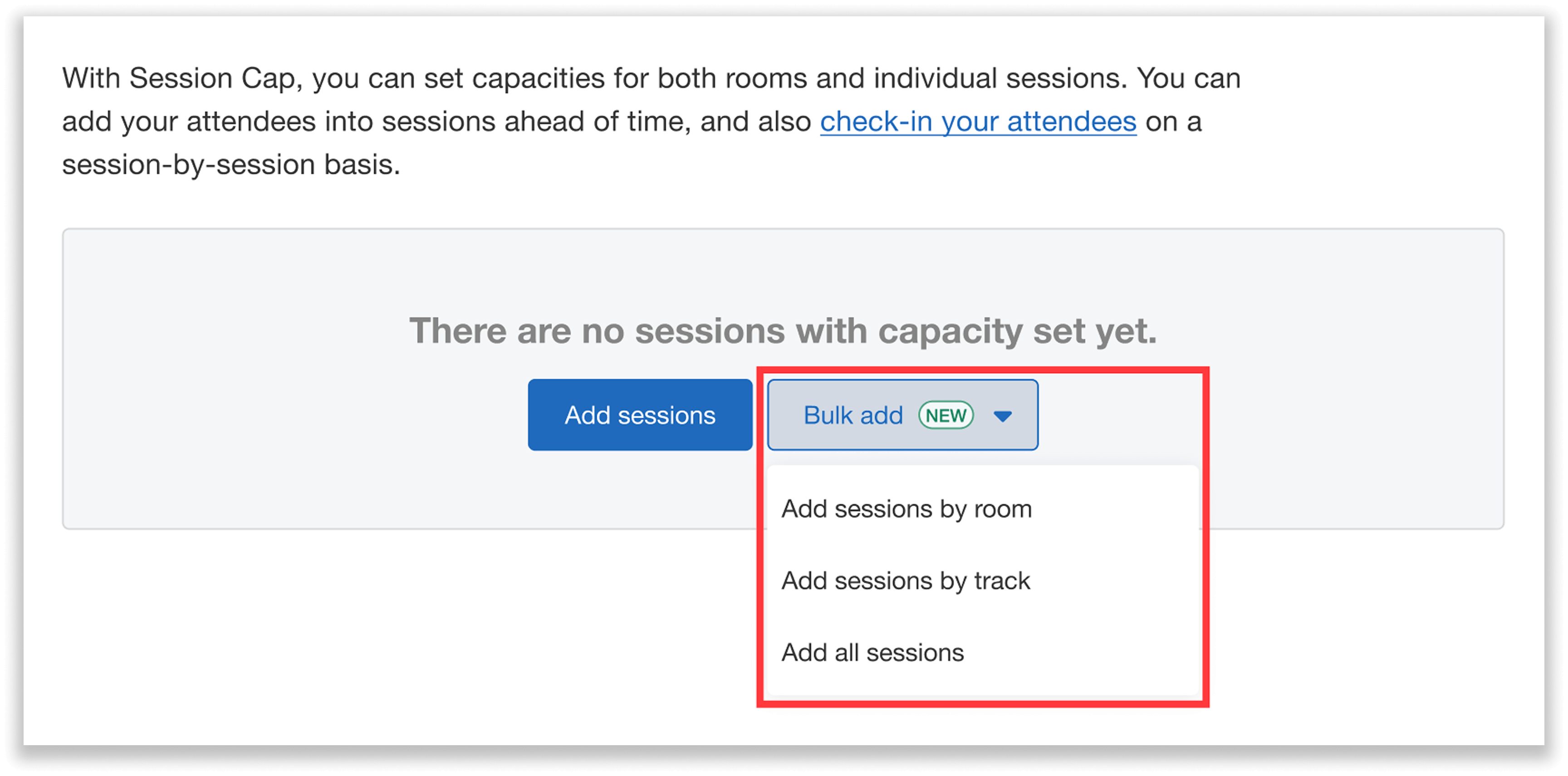 Bulk add dropdown with multiple ways to add sessions.