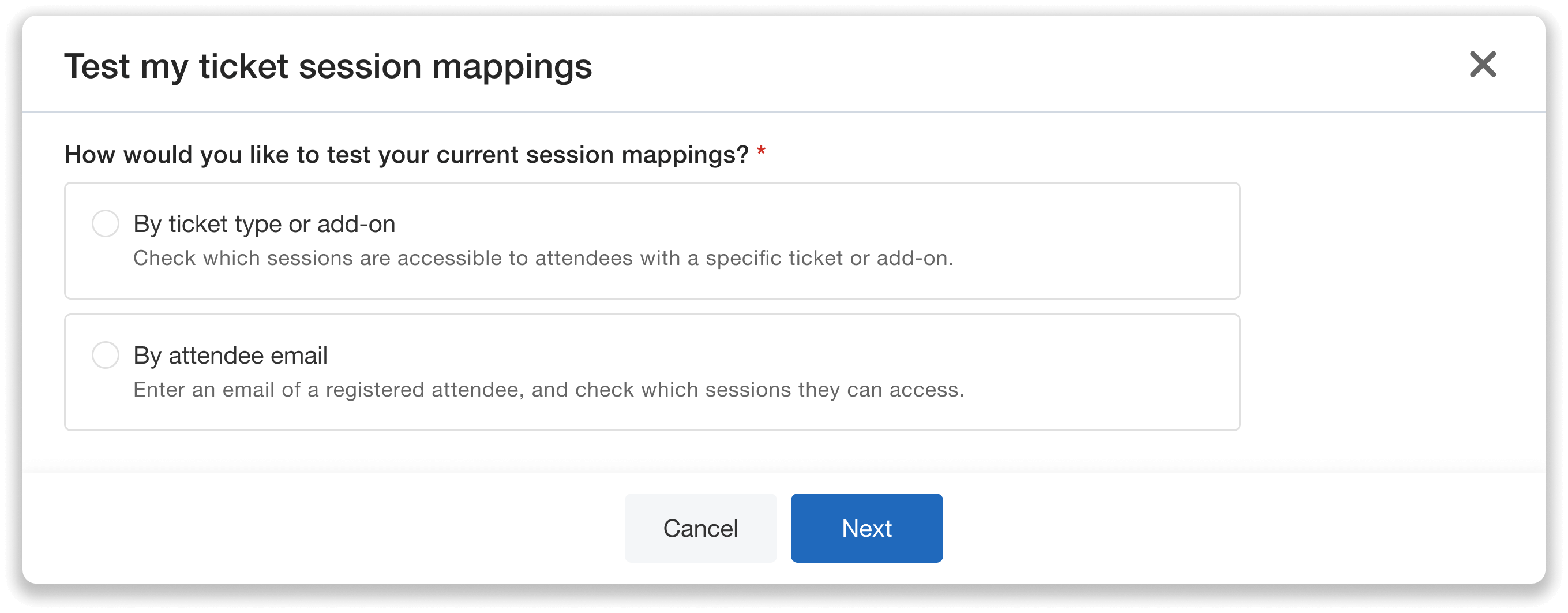 Option to test mappings by ticket type/add-on or by attendee email.