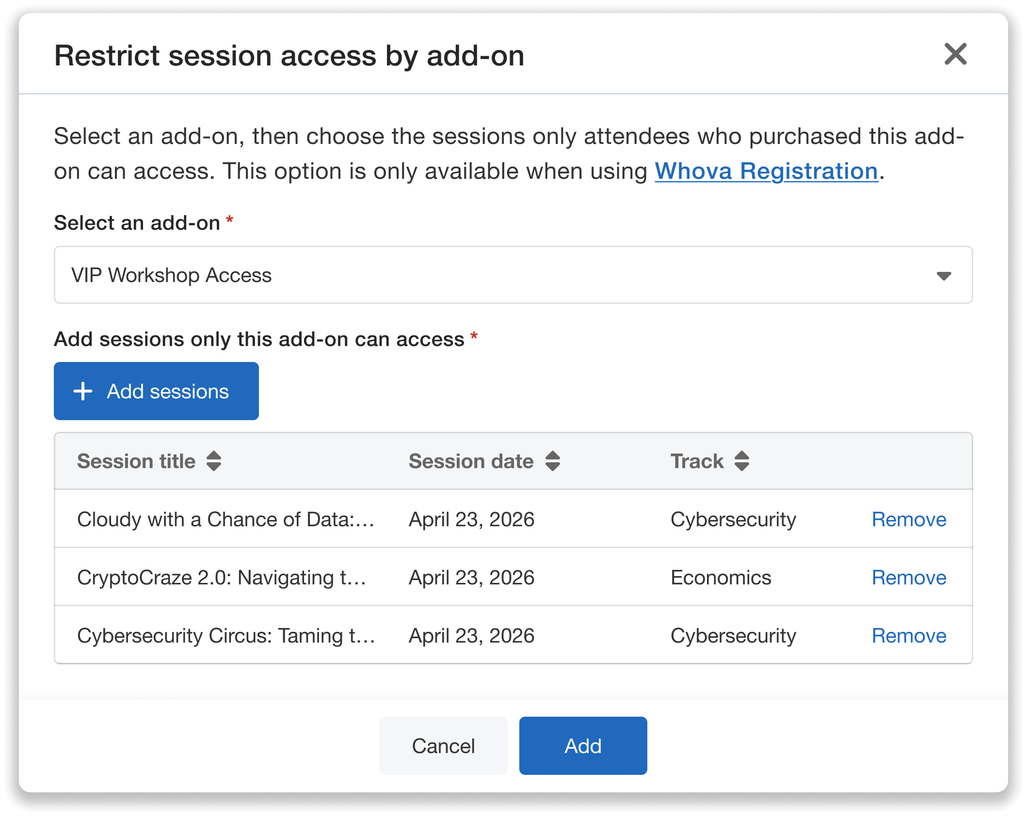 Page to add which sessions only a "VIP Workshop Access" add-on can access.