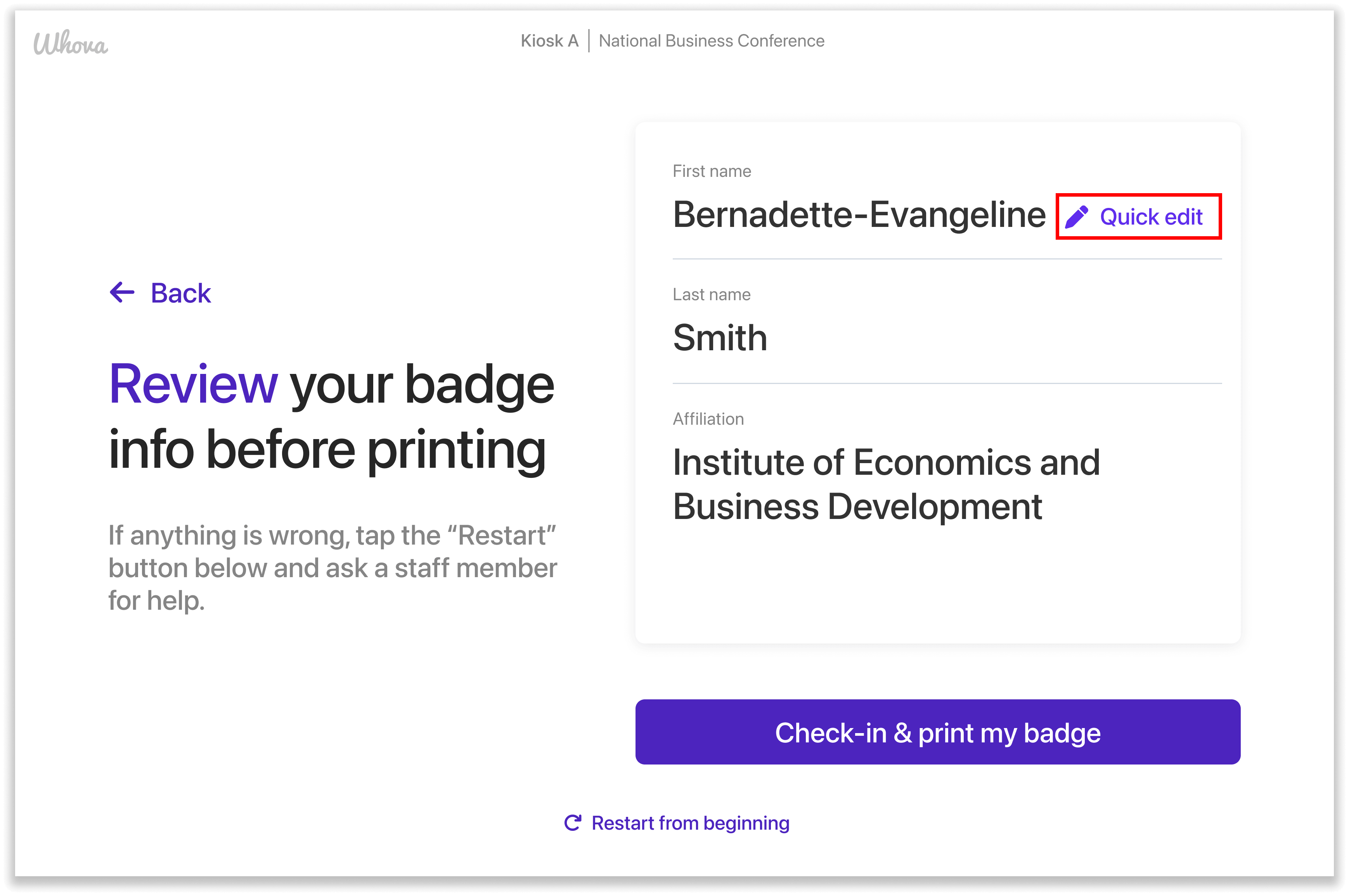 "Quick edit" option on name badge first name.