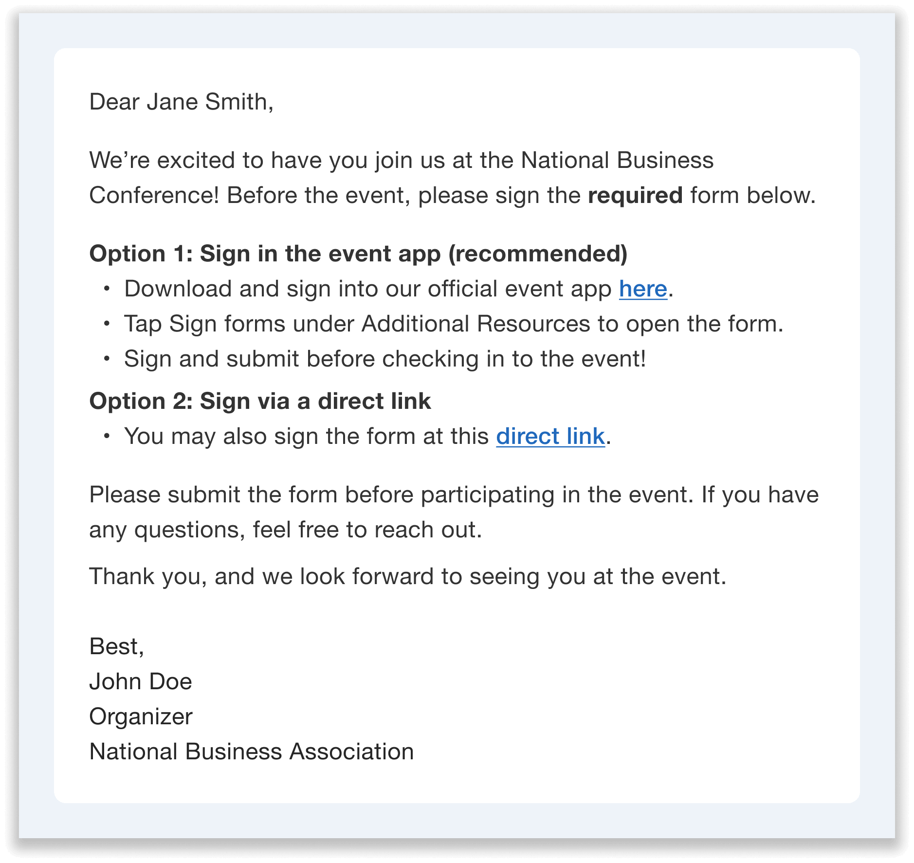 Sample email requesting form signature.