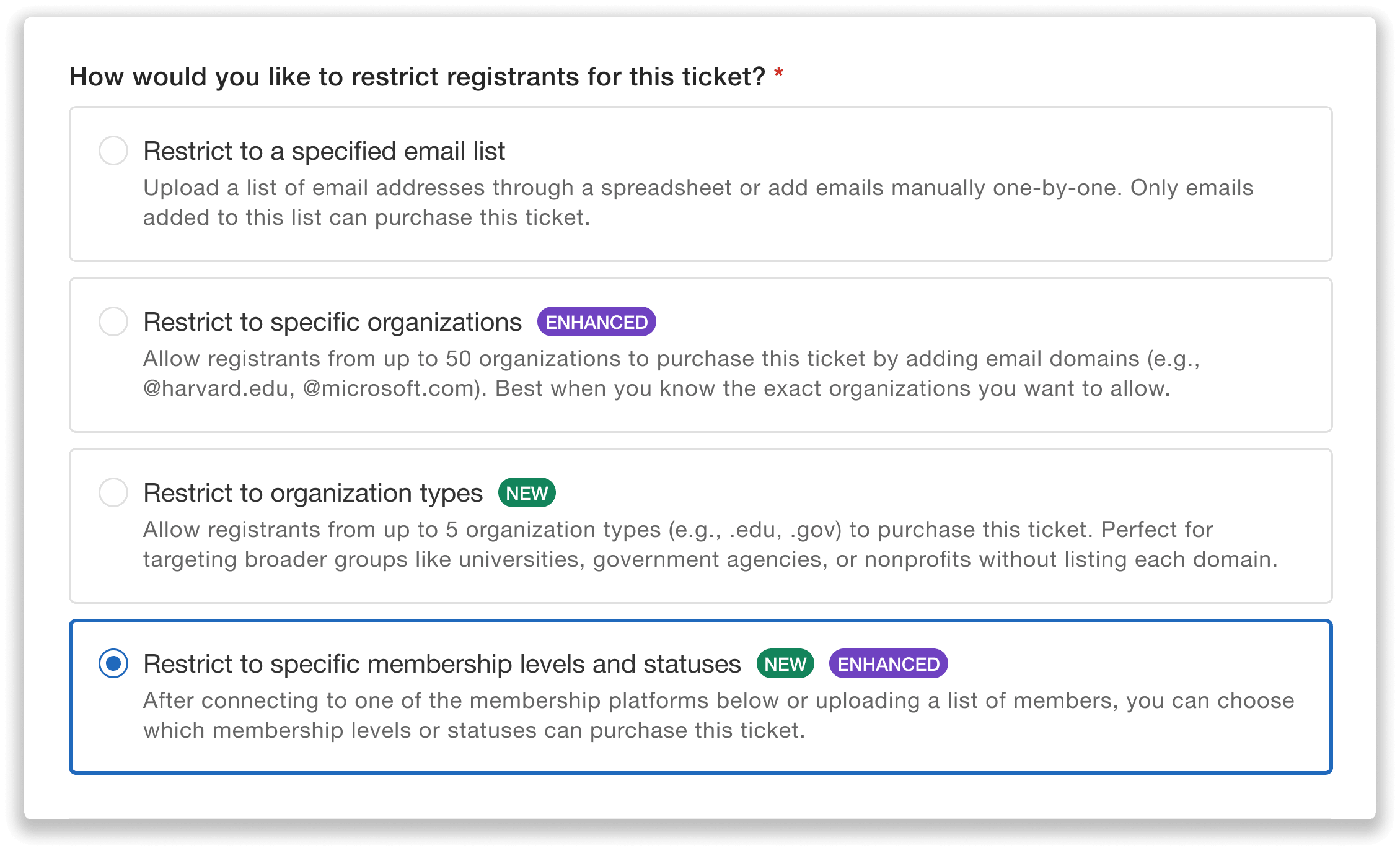 Option selected to restrict to specific membership levels and statuses.