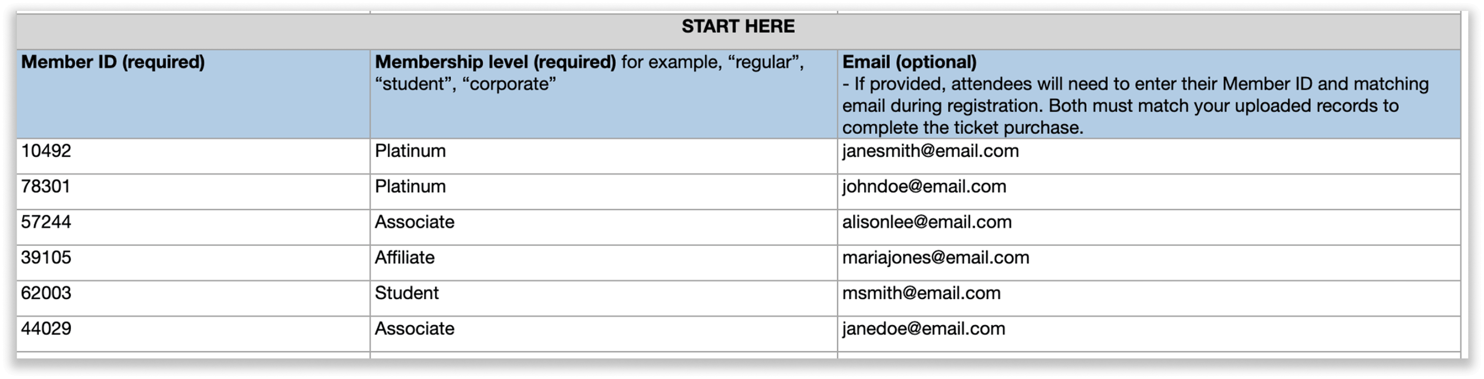 Template with fields for member ID, level, and email.