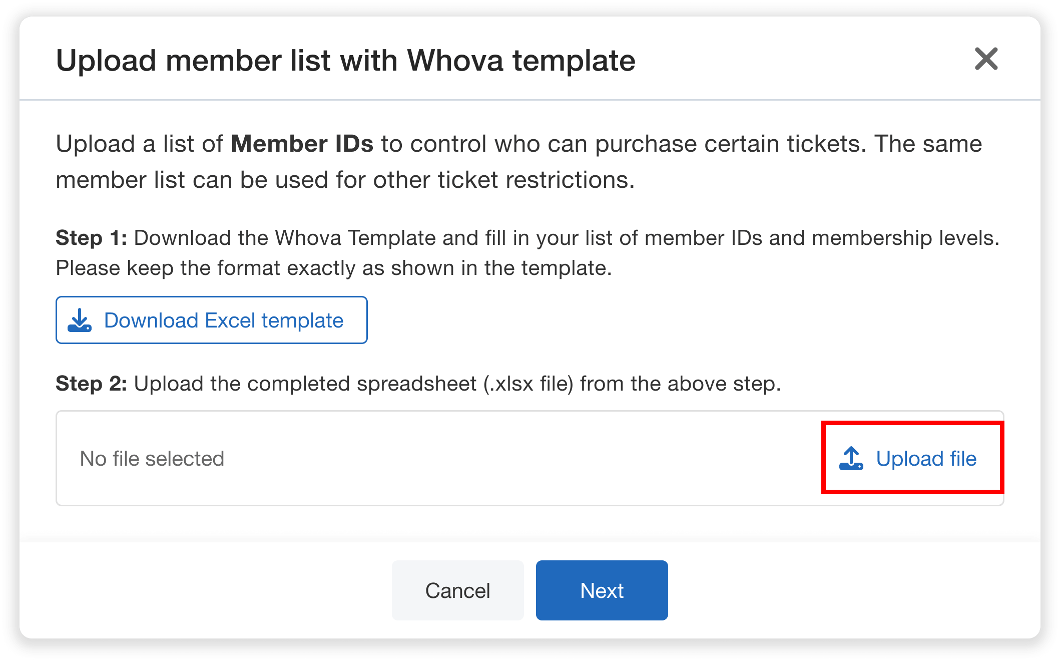 Step to upload a completed member ID spreadsheet file.