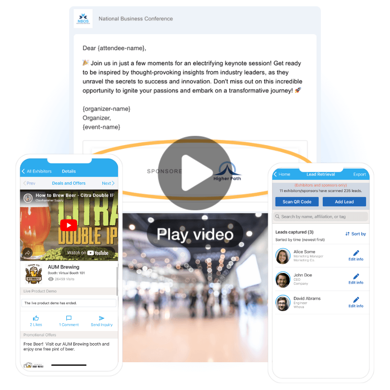 Exhibitor and sponsor ROI through virtual booths, brand exposure and lead collection